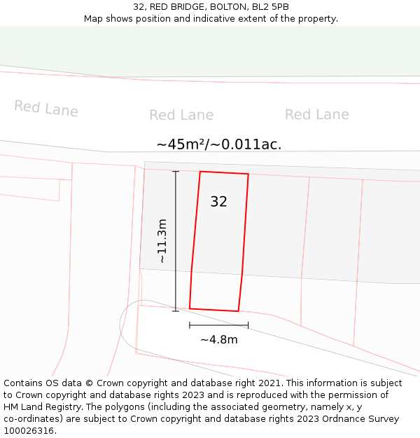 32, RED BRIDGE, BOLTON, BL2 5PB: Plot and title map