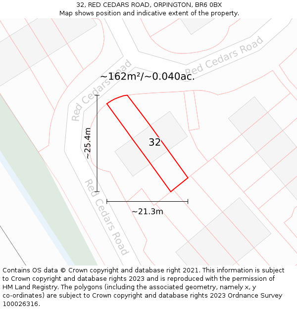 32, RED CEDARS ROAD, ORPINGTON, BR6 0BX: Plot and title map