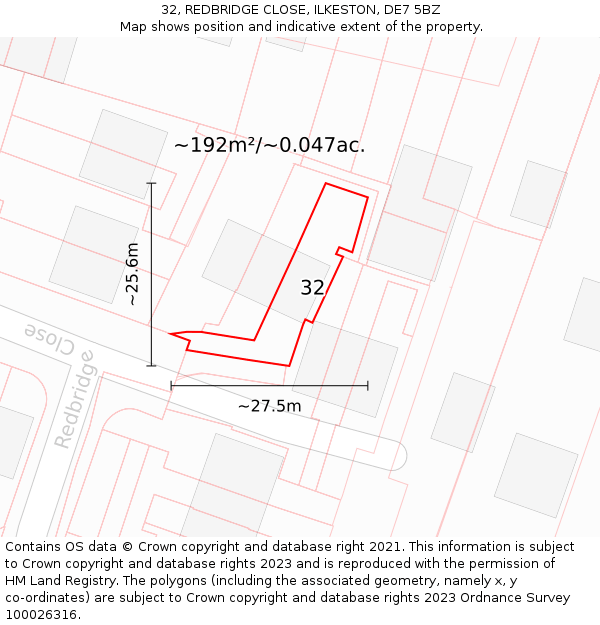 32, REDBRIDGE CLOSE, ILKESTON, DE7 5BZ: Plot and title map