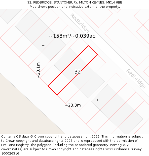 32, REDBRIDGE, STANTONBURY, MILTON KEYNES, MK14 6BB: Plot and title map