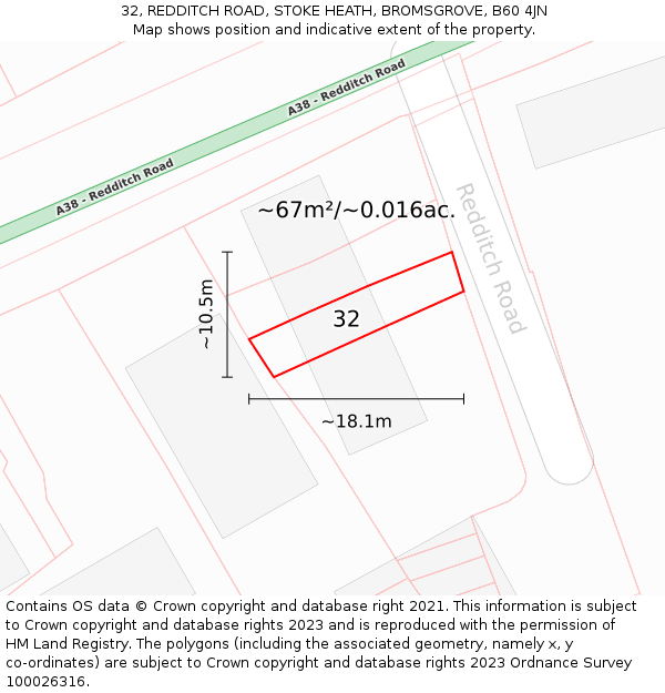 32, REDDITCH ROAD, STOKE HEATH, BROMSGROVE, B60 4JN: Plot and title map