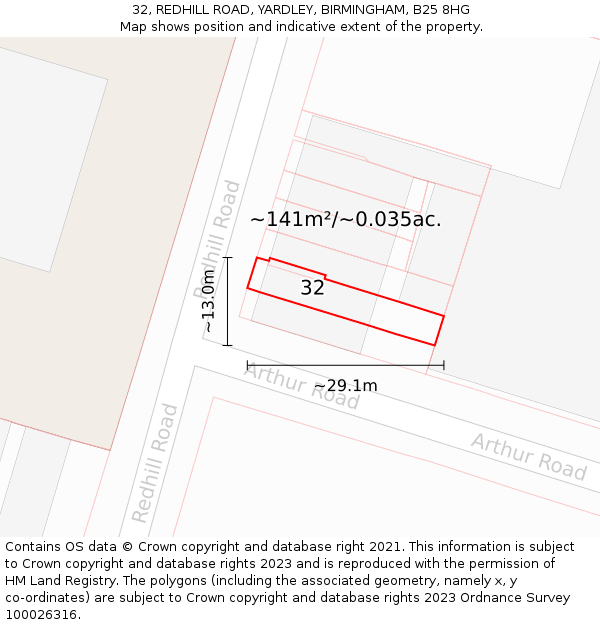 32, REDHILL ROAD, YARDLEY, BIRMINGHAM, B25 8HG: Plot and title map