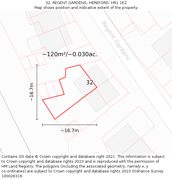 32, REGENT GARDENS, HEREFORD, HR1 1EZ: Plot and title map