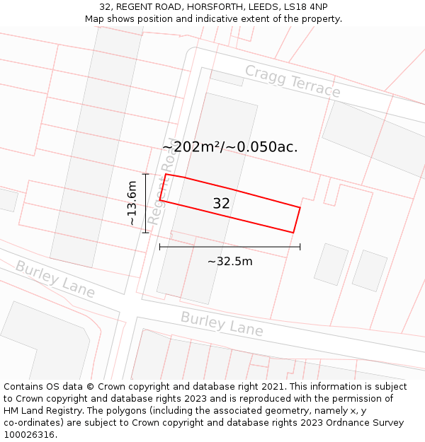 32, REGENT ROAD, HORSFORTH, LEEDS, LS18 4NP: Plot and title map
