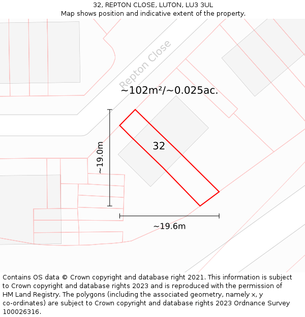 32, REPTON CLOSE, LUTON, LU3 3UL: Plot and title map