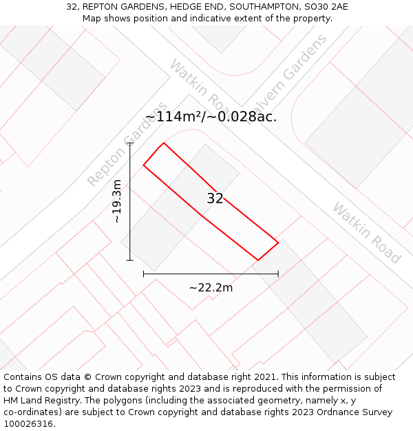 32, REPTON GARDENS, HEDGE END, SOUTHAMPTON, SO30 2AE: Plot and title map