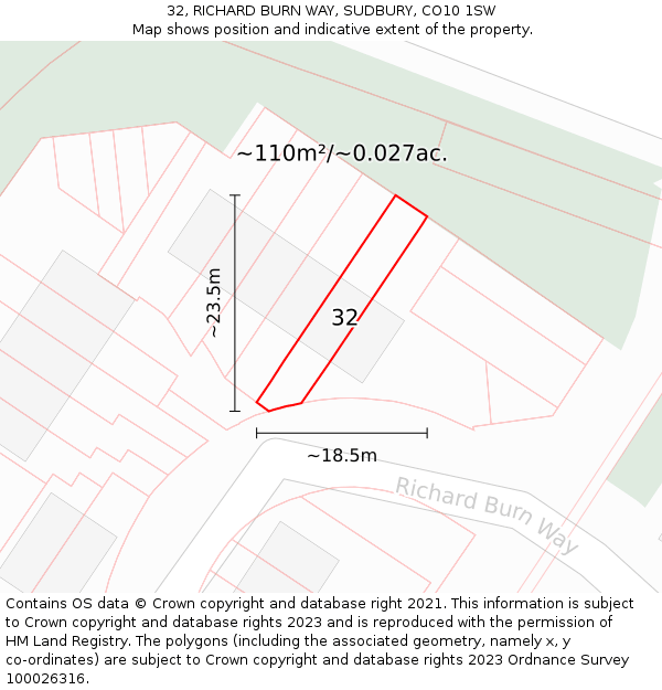 32, RICHARD BURN WAY, SUDBURY, CO10 1SW: Plot and title map