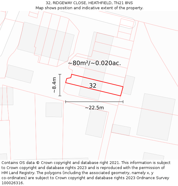 32, RIDGEWAY CLOSE, HEATHFIELD, TN21 8NS: Plot and title map
