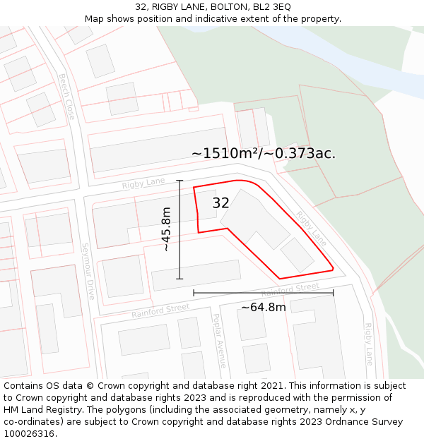 32, RIGBY LANE, BOLTON, BL2 3EQ: Plot and title map
