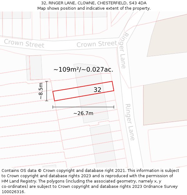 32, RINGER LANE, CLOWNE, CHESTERFIELD, S43 4DA: Plot and title map