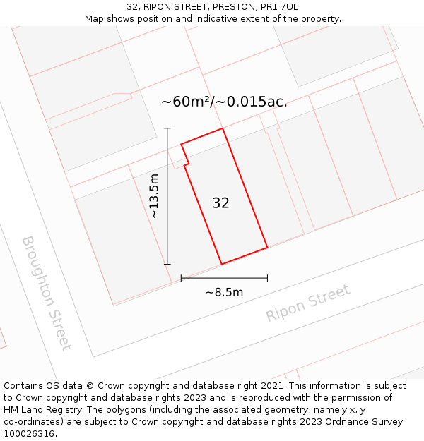 32, RIPON STREET, PRESTON, PR1 7UL: Plot and title map