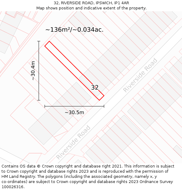 32, RIVERSIDE ROAD, IPSWICH, IP1 4AR: Plot and title map