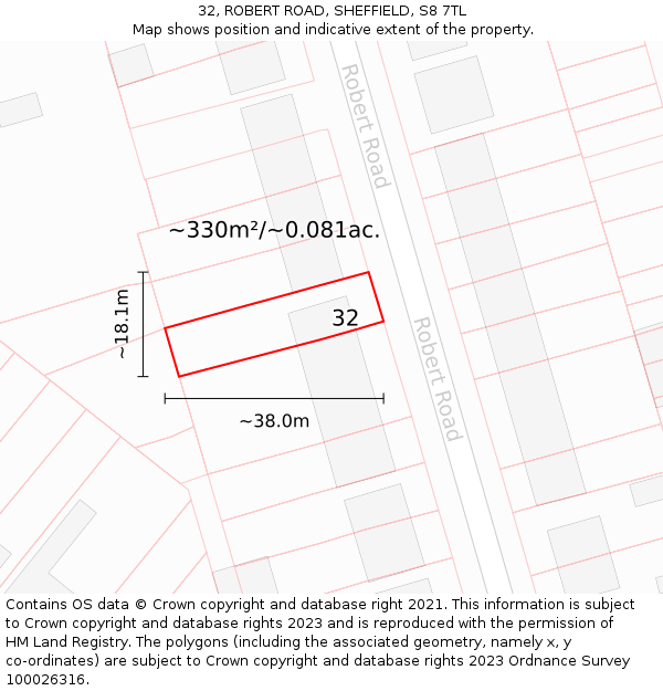 32, ROBERT ROAD, SHEFFIELD, S8 7TL: Plot and title map
