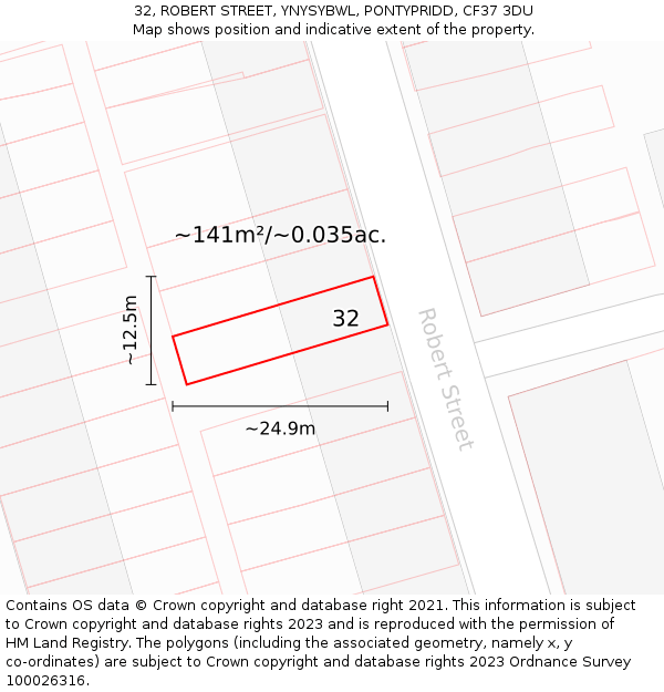 32, ROBERT STREET, YNYSYBWL, PONTYPRIDD, CF37 3DU: Plot and title map