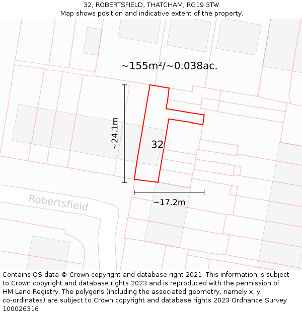 32, ROBERTSFIELD, THATCHAM, RG19 3TW: Plot and title map