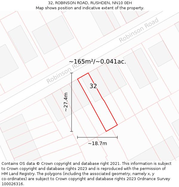 32, ROBINSON ROAD, RUSHDEN, NN10 0EH: Plot and title map