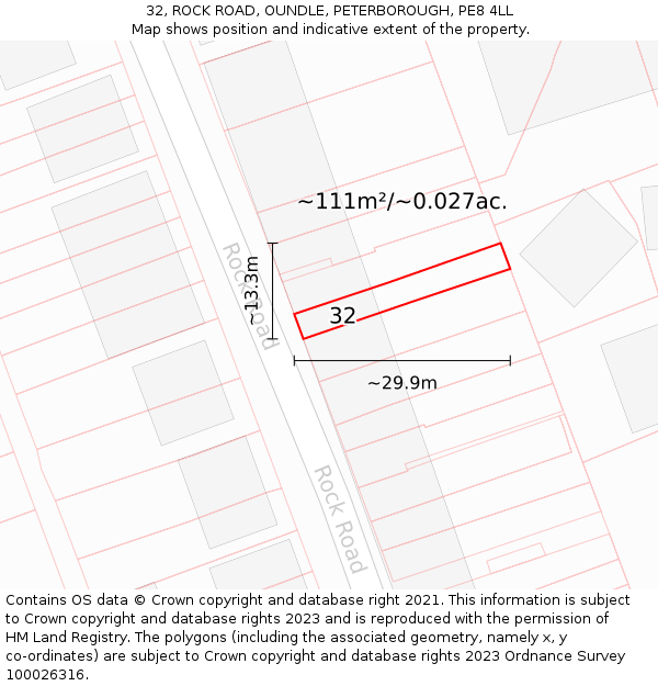 32, ROCK ROAD, OUNDLE, PETERBOROUGH, PE8 4LL: Plot and title map