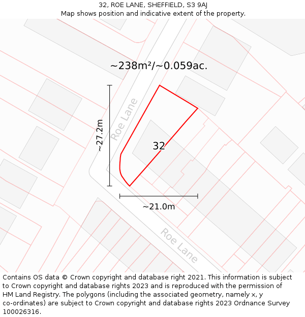 32, ROE LANE, SHEFFIELD, S3 9AJ: Plot and title map