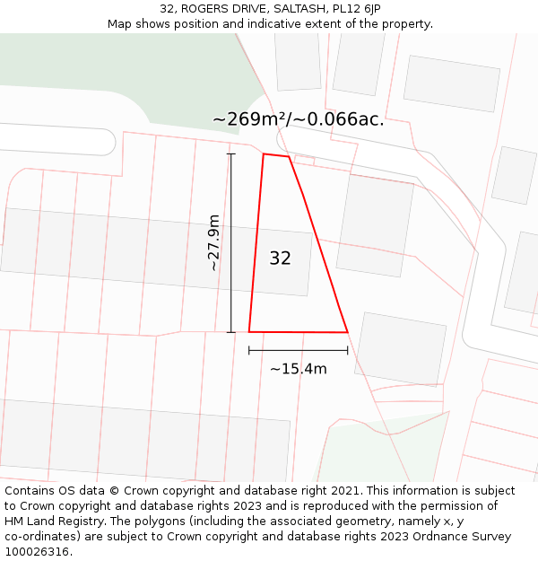 32, ROGERS DRIVE, SALTASH, PL12 6JP: Plot and title map
