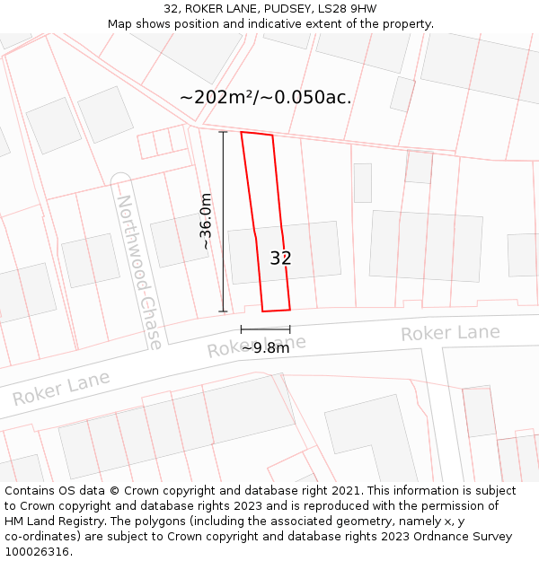 32, ROKER LANE, PUDSEY, LS28 9HW: Plot and title map
