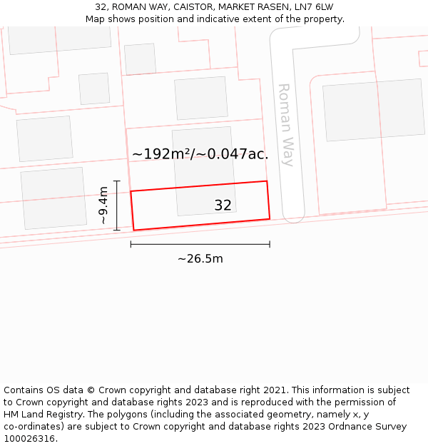 32, ROMAN WAY, CAISTOR, MARKET RASEN, LN7 6LW: Plot and title map