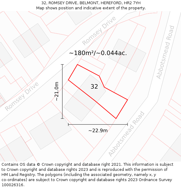 32, ROMSEY DRIVE, BELMONT, HEREFORD, HR2 7YH: Plot and title map