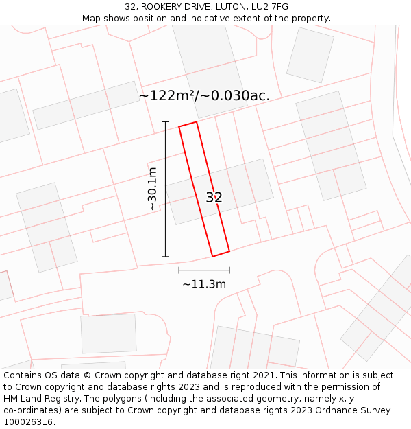 32, ROOKERY DRIVE, LUTON, LU2 7FG: Plot and title map