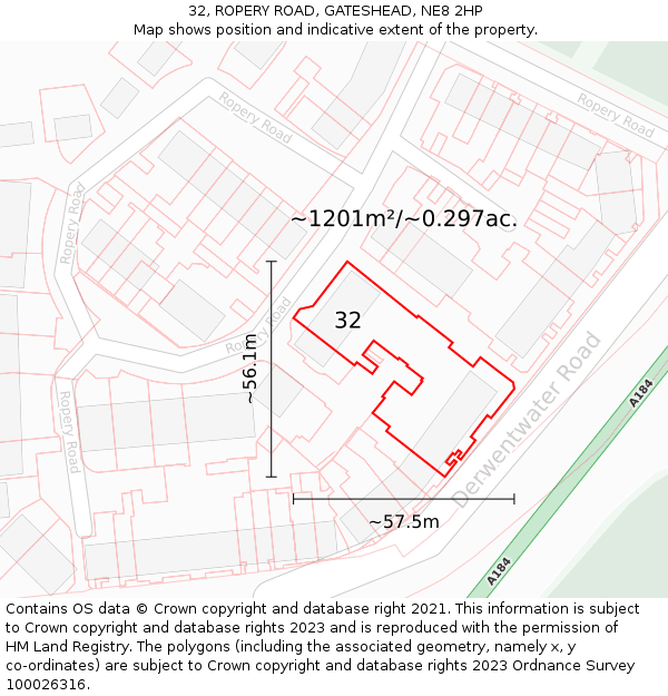 32, ROPERY ROAD, GATESHEAD, NE8 2HP: Plot and title map