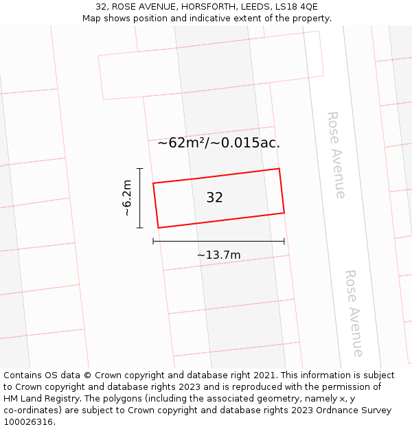 32, ROSE AVENUE, HORSFORTH, LEEDS, LS18 4QE: Plot and title map