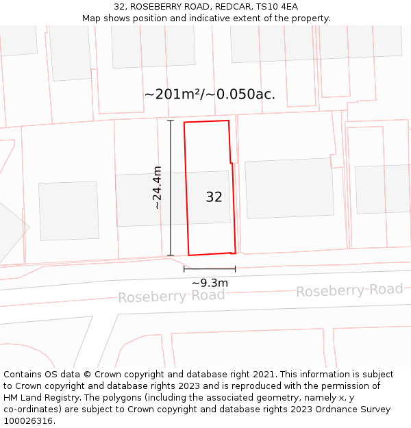32, ROSEBERRY ROAD, REDCAR, TS10 4EA: Plot and title map