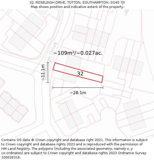 32, ROSELEIGH DRIVE, TOTTON, SOUTHAMPTON, SO40 7JY: Plot and title map