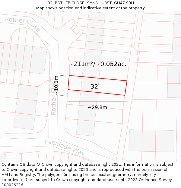 32, ROTHER CLOSE, SANDHURST, GU47 9RH: Plot and title map