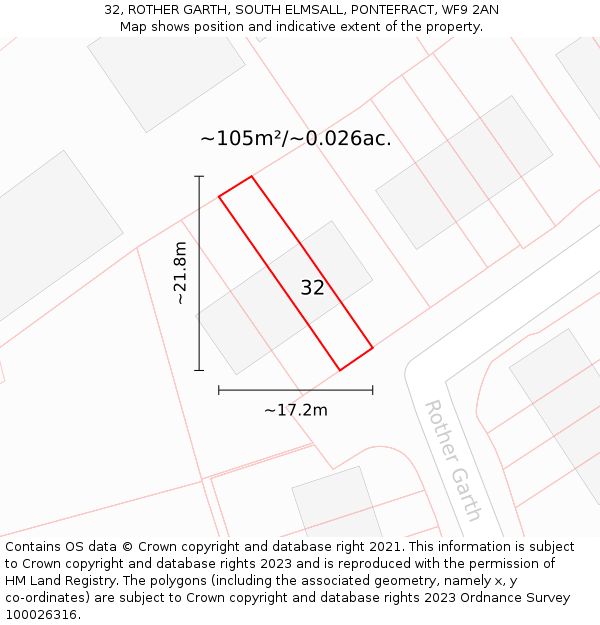 32, ROTHER GARTH, SOUTH ELMSALL, PONTEFRACT, WF9 2AN: Plot and title map