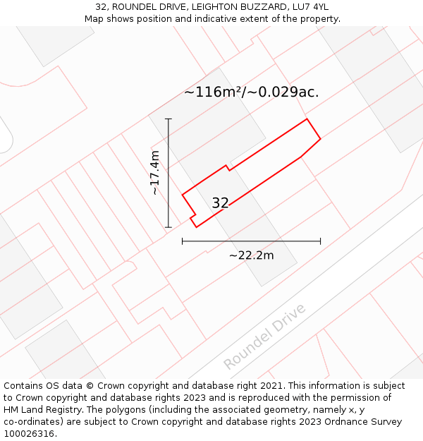 32, ROUNDEL DRIVE, LEIGHTON BUZZARD, LU7 4YL: Plot and title map