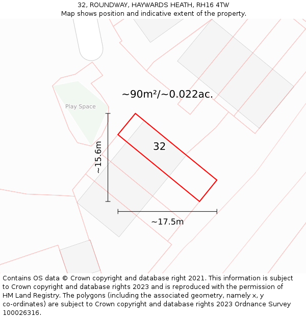 32, ROUNDWAY, HAYWARDS HEATH, RH16 4TW: Plot and title map