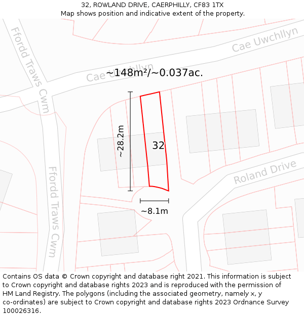 32, ROWLAND DRIVE, CAERPHILLY, CF83 1TX: Plot and title map