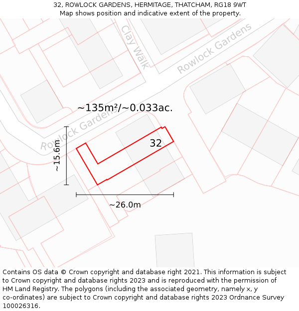 32, ROWLOCK GARDENS, HERMITAGE, THATCHAM, RG18 9WT: Plot and title map