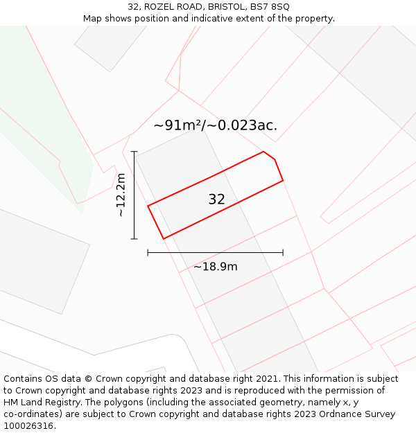 32, ROZEL ROAD, BRISTOL, BS7 8SQ: Plot and title map