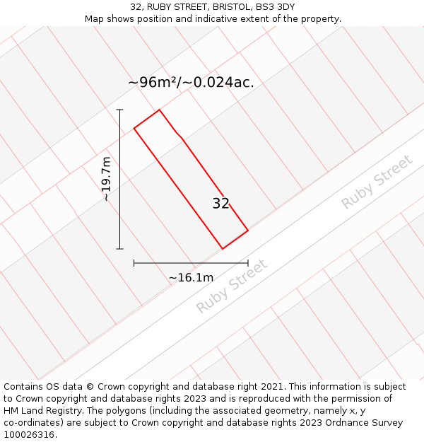32, RUBY STREET, BRISTOL, BS3 3DY: Plot and title map