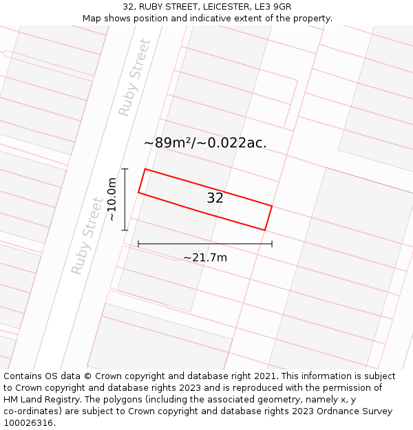 32, RUBY STREET, LEICESTER, LE3 9GR: Plot and title map