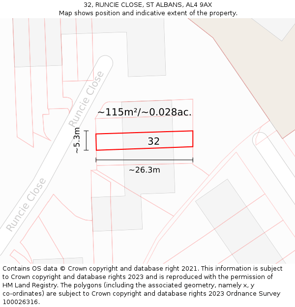 32, RUNCIE CLOSE, ST ALBANS, AL4 9AX: Plot and title map