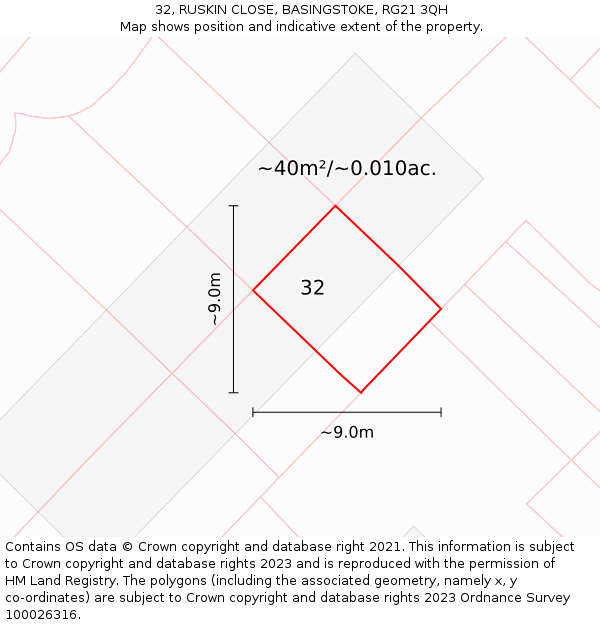 32, RUSKIN CLOSE, BASINGSTOKE, RG21 3QH: Plot and title map