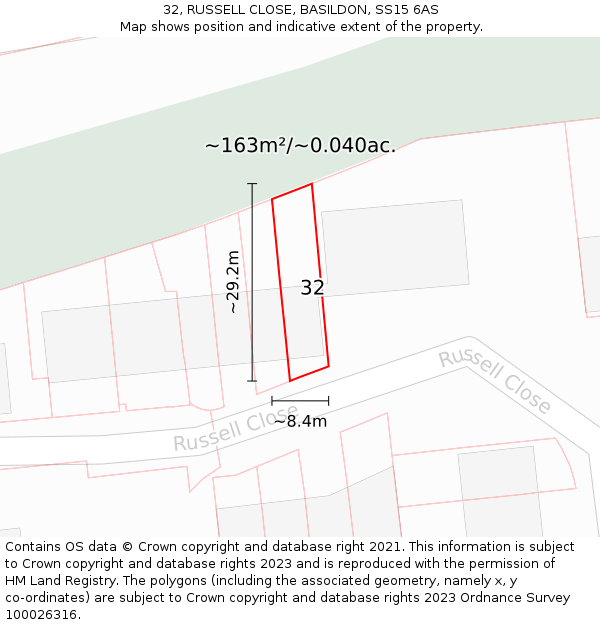 32, RUSSELL CLOSE, BASILDON, SS15 6AS: Plot and title map