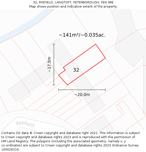 32, RYEFIELD, LANGTOFT, PETERBOROUGH, PE6 9RE: Plot and title map