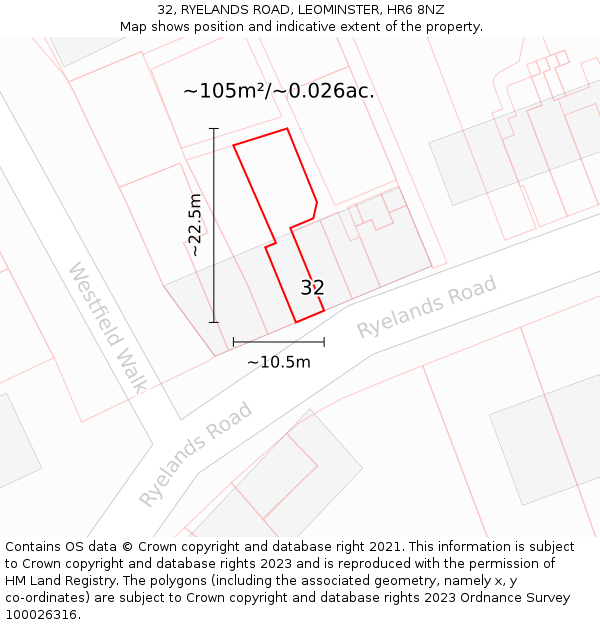 32, RYELANDS ROAD, LEOMINSTER, HR6 8NZ: Plot and title map