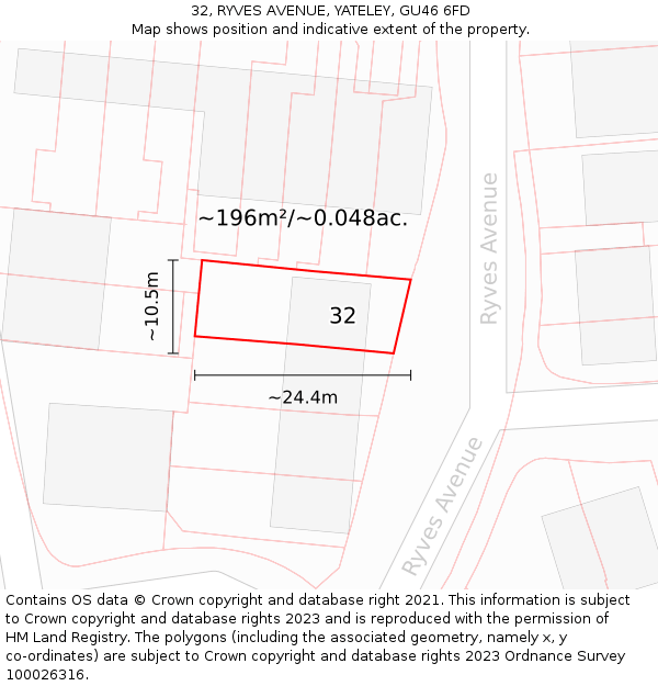 32, RYVES AVENUE, YATELEY, GU46 6FD: Plot and title map