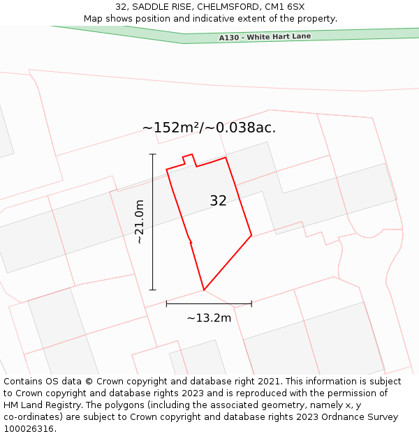 32, SADDLE RISE, CHELMSFORD, CM1 6SX: Plot and title map