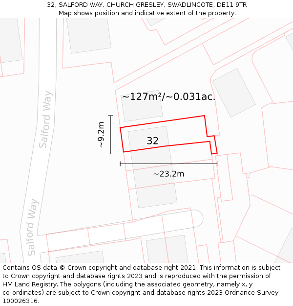 32, SALFORD WAY, CHURCH GRESLEY, SWADLINCOTE, DE11 9TR: Plot and title map