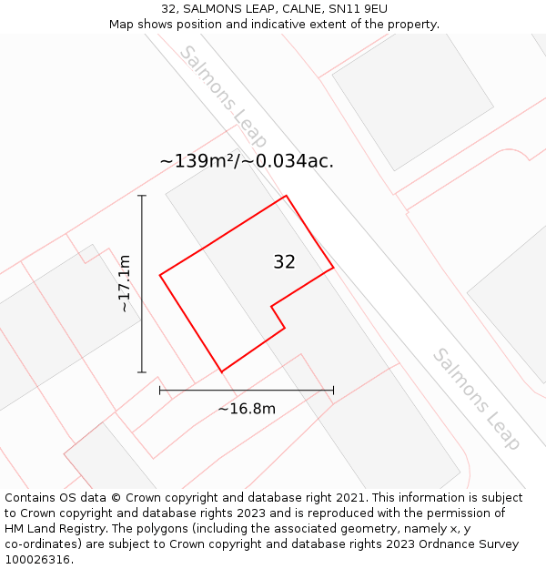 32, SALMONS LEAP, CALNE, SN11 9EU: Plot and title map