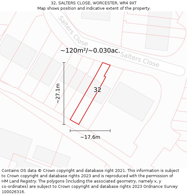 32, SALTERS CLOSE, WORCESTER, WR4 9XT: Plot and title map